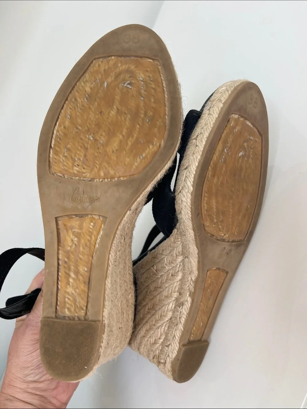 Castaner Spain Black Suede Espadrilles Wedge Button Ankle Strap Sandals 38